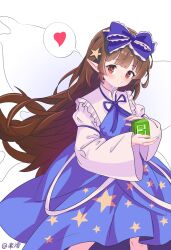Rule 34 | 1girl, absurdres, artist name, blue bow, blue dress, blunt bangs, blunt ends, blush, bomb item (touhou), bow, bright pupils, brown eyes, brown hair, chinese commentary, closed mouth, commentary request, dress, fairy, fairy wings, feet out of frame, floating hair, frilled bow, frilled shirt collar, frills, hair bow, hair ornament, hands up, heart, highres, kagurachiriri, long dress, long hair, long sleeves, looking at viewer, pointy ears, print dress, shirt, sidelocks, simple background, smile, solo, speech bubble, split mouth, spoken heart, standing, star-shaped pupils, star (symbol), star hair ornament, star print, star sapphire, symbol-shaped pupils, touhou, transparent background, very long hair, white shirt, wide sleeves, wings