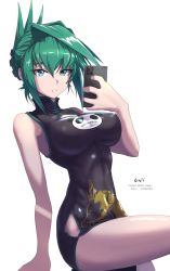 Rule 34 | 1girl, absurdres, bare shoulders, black dress, breasts, china dress, chinese clothes, commentary, covered erect nipples, covered navel, dragon print, dress, english commentary, green eyes, green hair, hair between eyes, hair intakes, highres, holding, holding phone, large breasts, looking at viewer, oni-sanart, phone, selfie, shaman king, short hair, sleeveless, sleeveless dress, spiked hair, tao jun, taut clothes, taut dress, updo