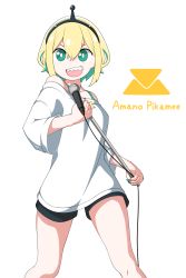 Rule 34 | 1girl, absurdres, amano pikamee, blonde hair, character name, english text, green eyes, highres, holding, microphone, nail polish, sharp teeth, solo, teeth, voms