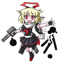 Rule 34 | 1girl, alternate costume, blonde hair, chibi, cosplay, fang, fingerless gloves, gloves, glowing, glowing eyes, hair flaps, hair ornament, hair ribbon, hairclip, kantai collection, kugelschreiber, looking at viewer, machinery, magic, open mouth, red eyes, ribbon, rumia, simple background, solo, torpedo, touhou, turret, white background, yuudachi (kancolle), yuudachi (kancolle) (cosplay)