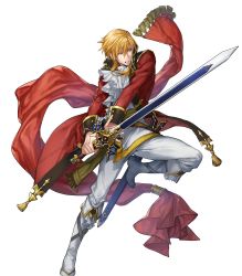 Rule 34 | 1boy, attack, teeth, belt, blonde hair, boots, brown eyes, coat, collar, ascot, eldigan (fire emblem), fire emblem, fire emblem: genealogy of the holy war, fire emblem heroes, full body, highres, holding, holding sword, holding weapon, knee boots, male focus, mystletainn, nintendo, official art, p-nekor, pants, red coat, serious, sheath, sheathed, short hair, short hair with long locks, solo, sword, teeth, transparent background, weapon, white pants