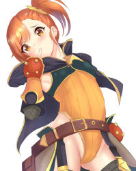 Rule 34 | 1girl, belt, belt buckle, blush, buckle, cowboy shot, finger to mouth, flat chest, koucha maru, leotard, looking at viewer, misogi (princess connect!), orange hair, partially visible vulva, princess connect!, side ponytail, solo, white background