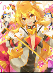 Rule 34 | &gt; &lt;, 1boy, beige jacket, blonde hair, blue headband, cat, gloves, headband, holding, holding staff, long sleeves, looking at viewer, male focus, musical note, open mouth, rento (rukeai), saikyou ginga ultimate zero ~battle spirits~, smile, solo, staff, star (symbol), tan, white gloves, yellow eyes, yellow theme, zero the glint