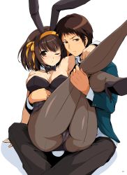 Rule 34 | 1boy, 1girl, absurdres, animal ears, aqua jacket, arm around neck, arm around waist, arm support, armpits, ass, back-seamed legwear, bare arms, bare shoulders, black bow, black bowtie, black footwear, black leotard, black pants, blazer, blush, bob cut, border, bow, bowtie, breasts, brown eyes, brown hair, brown pantyhose, cameltoe, carrying, cleavage, closed mouth, collarbone, collared shirt, couple, cuff links, detached collar, dress shirt, fake animal ears, fake tail, feet out of frame, frown, furrowed brow, hair ribbon, hairband, haruhisky, hetero, high heels, highres, jacket, kita high school uniform, kyon, large breasts, leg lift, legs up, leotard, long sleeves, looking at viewer, medium hair, one eye closed, orange hairband, orange ribbon, pants, pantyhose, playboy bunny, pout, princess carry, rabbit ears, rabbit tail, ribbon, sanpaku, school uniform, seamed legwear, shirt, shoe soles, shoes, short hair, sideboob, simple background, sitting, sitting on lap, sitting on person, stiletto heels, strapless, strapless leotard, suzumiya haruhi, suzumiya haruhi no yuuutsu, tail, thighs, tsundere, v-shaped eyebrows, white background, white shirt, wide hips, wing collar, wrist cuffs