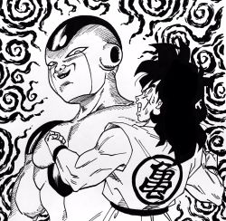 Rule 34 | 2boys, clenched hands, clenched teeth, commentary request, dougi, dragon ball, dragonball z, scar on face, frieza, greyscale, hatching (texture), highres, ink (medium), lee (dragon garou), long hair, male focus, monochrome, multiple boys, muscular, scar, scar on cheek, scar on face, smile, smug, sweat, teeth, traditional media, wristband, yamcha