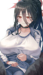 Rule 34 | 1girl, absurdres, bird wings, black choker, black hair, blue archive, blush, breasts, choker, closed mouth, hair between eyes, halo, hasumi (blue archive), hasumi (track) (blue archive), highres, jacket, large breasts, moda (mo da 3), ponytail, red eyes, shirt, shorts, simple background, track jacket, upper body, white background, white shirt, wings, zipper pull tab