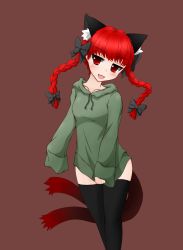 Rule 34 | 1girl, alternate costume, animal ears, black thighhighs, blush, braid, cat ears, cat tail, extra ears, fang, hair ornament, hair ribbon, highres, hood, hoodie, kaenbyou rin, long hair, long sleeves, looking at viewer, looking to the side, multiple tails, omochi (omochi natto), open mouth, red background, red eyes, red hair, ribbon, simple background, sleeves past wrists, slit pupils, smile, solo, tail, thighhighs, touhou, twin braids, zettai ryouiki