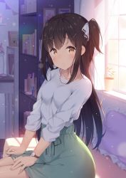 Rule 34 | 1girl, :o, black hair, blurry, blurry background, blush, book, bookshelf, brown eyes, commentary request, curtains, day, depth of field, desk lamp, frilled pillow, frills, green skirt, hair between eyes, hair ribbon, hatsuki kaname, indoors, lamp, long hair, long sleeves, one side up, original, parted lips, pennant, pillow, ribbon, shirt, sitting, skirt, solo, string of flags, very long hair, watch, white ribbon, white shirt, window, wristwatch