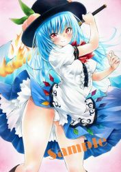 Rule 34 | 1girl, arim0k0, black footwear, black headwear, blue hair, bow, bowtie, breasts, center frills, closed mouth, food, frills, fruit, gluteal fold, highres, hinanawi tenshi, holding, holding sword, holding weapon, leaf, long hair, looking at viewer, marker (medium), medium breasts, panties, pantyshot, peach, red bow, red bowtie, red eyes, sample watermark, short sleeves, smile, solo, sword, sword of hisou, touhou, traditional media, underwear, watermark, weapon, white panties