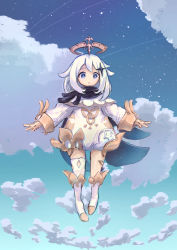 Rule 34 | 1girl, [y] (user kjgm5733), absurdres, asymmetrical legwear, blue eyes, cape, cloud, cloudy sky, dress, full body, genshin impact, hair between eyes, halo, highres, looking at viewer, night, night sky, open mouth, outstretched arms, paimon (genshin impact), scarf, short hair, sky, solo, spread arms, star (sky), star (symbol), starry sky, t-pose, uneven legwear, white dress, white hair, white legwear