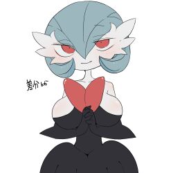 Rule 34 | 1girl, alternate color, bare shoulders, black dress, black gloves, blue hair, blush, bob cut, breasts, closed mouth, collarbone, colored skin, creatures (company), dress, elbow gloves, female focus, flat color, game freak, gardevoir, gen 3 pokemon, gloves, hair between eyes, half-closed eyes, hands up, happy, highres, interlocked fingers, japanese text, large breasts, looking at viewer, mega gardevoir, mega pokemon, nintendo, own hands together, pokemon, pokemon (creature), red eyes, shiny pokemon, short hair, simple background, smile, solo, standing, straight-on, strapless, strapless dress, translation request, upper body, white background, white skin, yamada (pixiv 24040206)