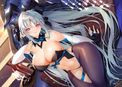 Rule 34 | 1girl, alcohol, alternate costume, animal ears, bed, black bow, blue eyes, bottle, bow, braid, breasts, center opening, cleavage, clothing cutout, cup, detached collar, detached sleeves, drinking glass, fake animal ears, fate/grand order, fate (series), french braid, indoors, large breasts, long hair, looking at viewer, morgan le fay (fate), navel, obiwan, pantyhose, pillow, platinum blonde hair, ponytail, rabbit, rabbit ears, rabbit girl, smile, solo, stomach cutout, table, tray, wine, wine bottle, wine glass