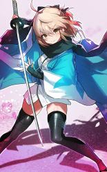 Rule 34 | 1girl, ahoge, arm guards, black thighhighs, blonde hair, bow, closed mouth, fate/grand order, fate (series), hair bow, haori, hayama eishi, japanese clothes, katana, kimono, koha-ace, looking at viewer, obi, okita souji (fate), okita souji (koha-ace), sash, scarf, short hair, short kimono, smile, solo, standing, sword, thighhighs, thighs, v-shaped eyebrows, weapon
