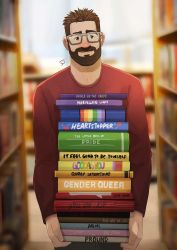 Rule 34 | 1boy, artist name, beard, black eyes, blurry, blurry background, book, bookshelf, brown hair, facial hair, glasses, grabbing, highres, jojiart, lgbt pride, library, long sleeves, looking to the side, male focus, mature male, original, signature, smile, solo, spiked hair, sweater, thick eyebrows, undercut