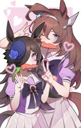 Rule 34 | 2girls, ahoge, animal ears, blue eyes, blue flower, blue rose, blush, border, bow, bowtie, brown hair, carrot, commentary request, double v, eucalyptus (zrnf5228), flower, hair between eyes, hair ornament, hair over one eye, hairband, hat, hat flower, heart, highres, horse ears, horse girl, horse tail, horseshoe ornament, long hair, looking at viewer, mihono bourbon (umamusume), mouth hold, multiple girls, one eye closed, pink background, pleated skirt, puffy short sleeves, puffy sleeves, purple bow, purple bowtie, purple eyes, purple serafuku, purple shirt, rice shower (umamusume), rose, sailor collar, sailor shirt, school uniform, serafuku, shirt, short sleeves, simple background, skirt, smile, summer uniform, tail, tilted headwear, tracen school uniform, umamusume, v, white border, white hairband, white skirt