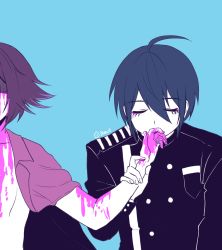 Rule 34 | 2boys, ahoge, black hair, black jacket, blood, blood on face, blood on hands, blue background, buttons, cele (310v3), closed eyes, collarbone, commentary, danganronpa (series), danganronpa v3: killing harmony, double-breasted, english commentary, gakuran, green background, hair between eyes, highres, holding another&#039;s wrist, jacket, jacket on shoulders, kiss, kissing hand, long sleeves, male focus, multiple boys, oma kokichi, pink blood, pink jacket, purple hair, saihara shuichi, school uniform, short hair, simple background, solo focus, spoilers, twitter username, upper body, yaoi