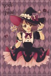 Rule 34 | 1girl, :d, aizen (syoshiyuki), argyle, argyle background, argyle clothes, black dress, black hat, bow, brown hair, candy, dress, food, hair bow, halloween, halloween costume, hanadera nodoka, hat, hat bow, head tilt, healin&#039; good precure, highres, holding, layered dress, lollipop, looking at viewer, medium hair, open mouth, pink background, precure, pumpkin, red bow, red eyes, short sleeves, smile, solo, standing, striped, striped bow, trick or treat, witch, witch hat, wrist cuffs
