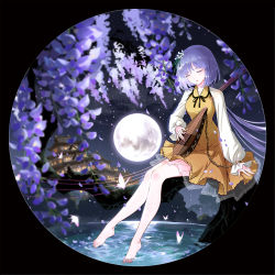 Rule 34 | 1girl, architecture, bare legs, barefoot, bug, butterfly, chain, circle, closed eyes, east asian architecture, feet, flower, framed, full moon, hair flower, hair ornament, in tree, insect, instrument, moon, music, night, night sky, plantar flexion, playing instrument, purple hair, round image, seeker, short hair, sitting, sitting in tree, sky, touhou, tree, tsukumo benben, water surface, wisteria
