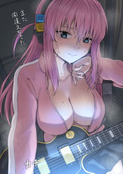 Rule 34 | 1girl, black skirt, blue eyes, bocchi the rock!, breasts, check commentary, cleavage, closed mouth, collarbone, commentary, commentary request, cube hair ornament, electric guitar, gotoh hitori, guitar, hair ornament, highres, hot, indoors, instrument, jacket, kanden sky, large breasts, long hair, long sleeves, looking at viewer, no bra, open clothes, open jacket, pink hair, pink jacket, screen light, shaded face, sidelocks, skirt, solo, sweat, translation request