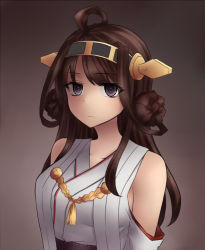 Rule 34 | 10s, 1girl, ahoge, aiguillette, bad id, bad pixiv id, bare shoulders, brown background, brown hair, closed mouth, collarbone, detached sleeves, double bun, expressionless, eyebrows, headgear, highres, japanese clothes, kantai collection, kimono, kongou (kancolle), long hair, long sleeves, looking at viewer, neit ni sei, nontraditional miko, purple eyes, simple background, solo, upper body