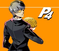 Rule 34 | 1boy, black jacket, bouquet, copyright name, flower, from behind, grey eyes, holding, holding bouquet, jacket, looking at viewer, looking back, male focus, mozuwaka, narukami yuu, orange background, persona, persona 4, standing, sunglasses, upper body, yellow background, yellow flower