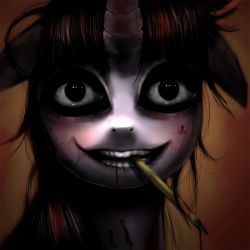 Rule 34 | animated, animated gif, biting pencil, creepy, ealistic, furry, horns, horror (theme), looking at viewer, my little pony, my little pony: friendship is magic, nightmare fuel, no humans, open mouth, solo, teeth, twilight sparkle
