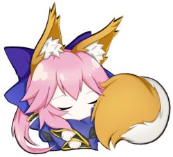 Rule 34 | 1girl, animal ear fluff, animal ears, blue kimono, closed eyes, fate/extella, fate/extra, fate/extra ccc, fate/grand order, fate (series), fox ears, fox girl, fox tail, japanese clothes, kimono, long hair, looking at viewer, lying, nepsuka (hachisuka), on side, pink hair, simple background, sleeping, solo, tail, tamamo (fate), tamamo no mae (fate/extra), white background, yellow eyes