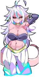 Rule 34 | 1girl, ahoge, android 21, arm behind back, arm up, bandeau, bare shoulders, black sclera, blush, bracelet, breasts, cleavage, colored sclera, colored skin, dragon ball, dragon ball fighterz, earrings, enpe, hair between eyes, harem pants, highres, hoop earrings, huge ahoge, jewelry, large breasts, long hair, looking at viewer, majin android 21, messy hair, navel, neck ring, pants, pink skin, pointy ears, red eyes, simple background, smile, solo, tail, white background, white hair