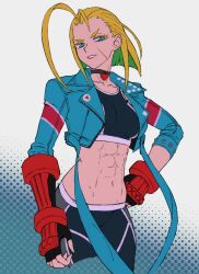 Rule 34 | 1girl, abs, armored gloves, blonde hair, blue eyes, cammy white, choker, collarbone, crop top, cropped jacket, facial scar, fingerless gloves, gloves, highres, jacket, navel, scar, scar on cheek, scar on face, short hair, solo, street fighter, street fighter 6, urasato