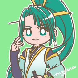 Rule 34 | 1boy, blush, bright pupils, cure kagura, dancing star precure, earrings, green background, green eyes, green hair, hair ornament, hair stick, high ponytail, highres, japanese clothes, jewelry, kimono, magical boy, male focus, mayena, mole, mole under mouth, outline, precure, signature, simple background, solo, star bracelet, tassel, tassel earrings, tengen kouga, white outline, white pupils, wide sleeves