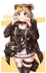 Rule 34 | 1girl, absurdres, bag, black choker, black thighhighs, breasts, brown eyes, brown jacket, buckle, character name, choker, collarbone, double bun, eyewear on head, feet out of frame, gas mask, girls&#039; frontline, gongbangmanchi (daisy cutter), hair bun, hands up, highres, jacket, light brown hair, looking at viewer, mask, medium breasts, medium hair, open clothes, open jacket, p90 (girls&#039; frontline), simple background, smile, snap-fit buckle, solo, standing, thighhighs