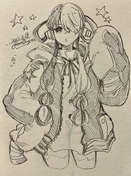 Rule 34 | 1girl, 2022, absurdres, artist request, bare shoulders, breasts, dated, dress, hair over one eye, headphones, highres, jacket, large breasts, long sleeves, monochrome, multicolored hair, one piece, one piece film: red, solo, traditional media, twitter username, two-tone hair, upper body, uta (one piece)