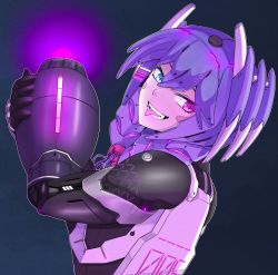 Rule 34 | 1girl, absurdres, android, arm cannon, black background, blue eyes, commentary, eagledl, english commentary, fangs, from side, glowing, heterochromia, highres, looking back, mechanization, mega man (series), mega man x (series), nijisanji, nijisanji en, purple eyes, purple hair, selen tatsuki, selen tatsuki (1st costume), smile, solo, tongue, tongue out, virtual youtuber, weapon