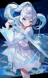 Rule 34 | 1girl, blue eyes, blush, closed mouth, dress, fighting stance, floating hair, glyph, hair ornament, hand up, highres, holding, holding sword, holding weapon, light rays, looking at viewer, myrtenaster, ponytail, pouch, rwby, sash, scar, scar across eye, solo, sword, tiara, umiru, weapon, weiss schnee, white dress, white hair