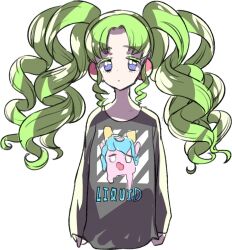 Rule 34 | 1girl, arms at sides, blue eyes, character print, closed mouth, colored eyelashes, cropped torso, drill hair, expressionless, falulu, falulu (awakened), green hair, grey shirt, headphones, long hair, long sleeves, looking at viewer, parted bangs, pretty series, print shirt, pripara, ritsu (roboroboro), shirt, sidelocks, simple background, solo, twin drills, twintails, unicorn (pripara), upper body, white background