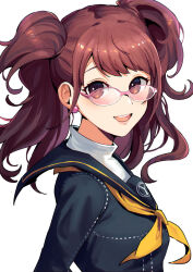 Rule 34 | 1girl, :d, black sailor collar, black shirt, blush, breasts, brown eyes, brown hair, commentary, earrings, eyebrows hidden by hair, eyelashes, from side, glasses, happy, highres, jewelry, kujikawa rise, kuki tan, lips, long hair, looking at viewer, neckerchief, open mouth, persona, persona 4, pink-framed eyewear, round teeth, sailor collar, school uniform, serafuku, shirt, simple background, small breasts, smile, solo, swept bangs, teeth, tsurime, two side up, upper body, upper teeth only, wavy hair, white background, yasogami school uniform, yellow neckerchief