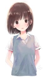 Rule 34 | 1girl, arms behind back, bad id, bad twitter id, blue vest, blunt bangs, brown eyes, brown hair, buttons, collared shirt, commentary request, head tilt, looking at viewer, nakamura hinata, shirt, short hair, signature, simple background, solo, upper body, vest, white background, white shirt, wing collar