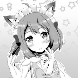 Rule 34 | 1girl, ahoge, animal ear fluff, animal ears, animare, bell, blush, bow, choker, closed mouth, collarbone, dog ears, fake facial hair, fake mustache, greyscale, hands up, highres, holding, jingle bell, looking at viewer, maid headdress, miso panda, monochrome, nanashi inc., neck bell, sailor collar, smile, solo, souya ichika, souya ichika (2nd costume), star (symbol), starry background, two side up, upper body, virtual youtuber, wrist cuffs