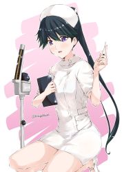 Rule 34 | 1girl, alternate costume, black hair, blush, clipboard, digital thermometer, dress, hat, houshou (kancolle), kantai collection, kneeling, long hair, looking at viewer, mikage takashi, nurse, nurse cap, open mouth, purple eyes, smile, solo, thermometer, twitter username, very long hair, weighing scale, white dress