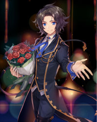 Rule 34 | 1boy, achan (blue semi), black hair, black pants, blue eyes, blue neckwear, blurry, blurry background, bokeh, bouquet, coattails, collared shirt, cowboy shot, depth of field, flower, formal, granblue fantasy, highres, lancelot (granblue fantasy), male focus, off shoulder, official alternate costume, outstretched arm, pants, parted bangs, rose, shirt, short hair, smile, solo, suit, thigh strap, white shirt