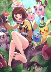 Rule 34 | 1girl, :d, applin, arm support, barefoot, blush, brown eyes, brown hair, clothed pokemon, cloud, commentary request, creatures (company), day, dynamax band, emolga, game freak, gen 1 pokemon, gen 4 pokemon, gen 5 pokemon, gen 8 pokemon, gloria (pokemon), grookey, hand up, happy, haru (haruxxe), highres, holding, holding phone, jacket, jigglypuff, kubfu, legendary pokemon, lens flare, looking at viewer, master dojo uniform, nintendo, open mouth, outdoors, petilil, phone, pikachu, pokemon, pokemon (creature), pokemon swsh, rotom, rotom phone, sash, scorbunny, shirt, short hair, shorts, sitting, skwovet, sky, smile, sobble, soles, toes, tongue, venipede, yellow jacket, zipper pull tab