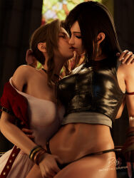 2girls 3d aerith_gainsborough arm_around_waist billyhhyb black_hair brown_hair crop_top cropped_jacket dress final_fantasy final_fantasy_vii final_fantasy_vii_advent_children final_fantasy_vii_remake hand_in_another&#039;s_panties hand_in_panties hand_on_another&#039;s_shoulder highres jacket kiss multiple_girls navel off_shoulder panties pink_dress red_jacket stained_glass stomach tifa_lockhart underwear yuri