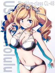 Rule 34 | 1girl, 547th sy, bikini, blue eyes, blush, breasts, character name, cleavage, dated, drill hair, headgear, highres, honolulu (kancolle), kantai collection, large breasts, long hair, sidelocks, simple background, smile, solo, swimsuit, twin drills, twintails, twitter username