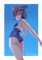Rule 34 | 001machi, 1girl, ass, asymmetrical hair, bad id, bad twitter id, black hair, black one-piece swimsuit, blue background, brown eyes, cowboy shot, crop top, framed breasts, from behind, hair between eyes, headphones, i-14 (kancolle), kantai collection, looking at viewer, looking back, neckerchief, one-piece swimsuit, sailor collar, school swimsuit, short hair, solo, standing, swimsuit, twitter username, two-tone background, white background