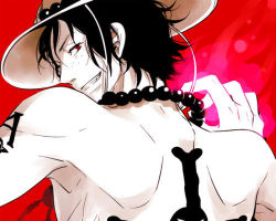 Rule 34 | 1boy, back, black hair, color background, fire, freckles, grin, hat, jewelry, jolly roger, looking at viewer, lowres, male focus, necklace, one piece, over shoulder, pirate, portgas d. ace, red background, red eyes, topless male, smile, solo, spot color, tattoo, teeth