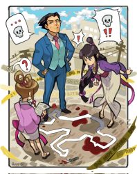 Rule 34 | !, ..., 1boy, 2girls, ?, ace attorney, black hair, blood on ground, blue jacket, blue pants, border, brown hair, caution tape, chalk outline, commentary, crime scene, day, english commentary, formal, from above, full body, highres, jacket, japanese clothes, knife, long hair, maya fey, multiple girls, outdoors, pants, pearl fey, phoenix wright, rica diaz, sandals, skyline, spoken ellipsis, spoken exclamation mark, spoken question mark, spoken skull, standing, suit, sweatdrop, utility pole, white border