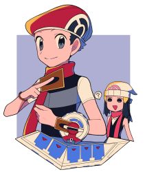 Rule 34 | 1boy, 1girl, :d, ?, beanie, beret, black hair, black shirt, black vest, bracelet, card, commentary request, creatures (company), dawn (pokemon), duel disk, game freak, grey eyes, hair ornament, hairclip, hat, highres, holding, holding card, jewelry, long hair, looking at viewer, lucas (pokemon), nintendo, open mouth, poke ball print, pokemon, pokemon dppt, red headwear, red scarf, scarf, shirt, short hair, short sleeves, sleeveless, sleeveless shirt, smile, spoken question mark, tyako 089, vest, white headwear, white shirt, yu-gi-oh!