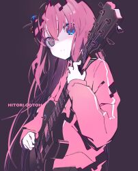 Rule 34 | 1girl, blue eyes, bocchi the rock!, character name, closed mouth, cube hair ornament, electric guitar, gibson les paul, gotoh hitori, guitar, hair ornament, highres, holding, holding instrument, instrument, jacket, long hair, long sleeves, looking at viewer, na na yu ta, one side up, pink hair, pink jacket, shaded face, simple background, solo, track jacket