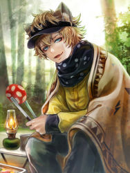 Rule 34 | 1boy, black pants, black scarf, blonde hair, blue eyes, day, fang, fang out, food, hasura (coconutice), highres, hyena boy, hyena ears, looking at viewer, male focus, mushroom, open mouth, outdoors, pants, ruggie bucchi, scarf, shirt, short hair, sitting, smile, solo, twisted wonderland, white shirt