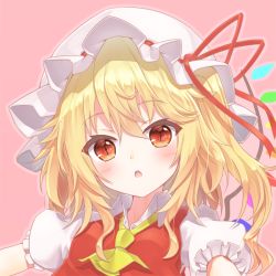 Rule 34 | 1girl, :o, ascot, blonde hair, blush, close-up, commentary request, crystal, fangs, flandre scarlet, flat chest, frilled sleeves, frills, hair between eyes, hat, medium hair, mob cap, one side up, open mouth, outline, pink background, puffy short sleeves, puffy sleeves, red eyes, red ribbon, red vest, ribbon, short sleeves, simple background, slit pupils, tangent (reflans), touhou, unbuttoned, upper body, vest, wings, yellow ascot